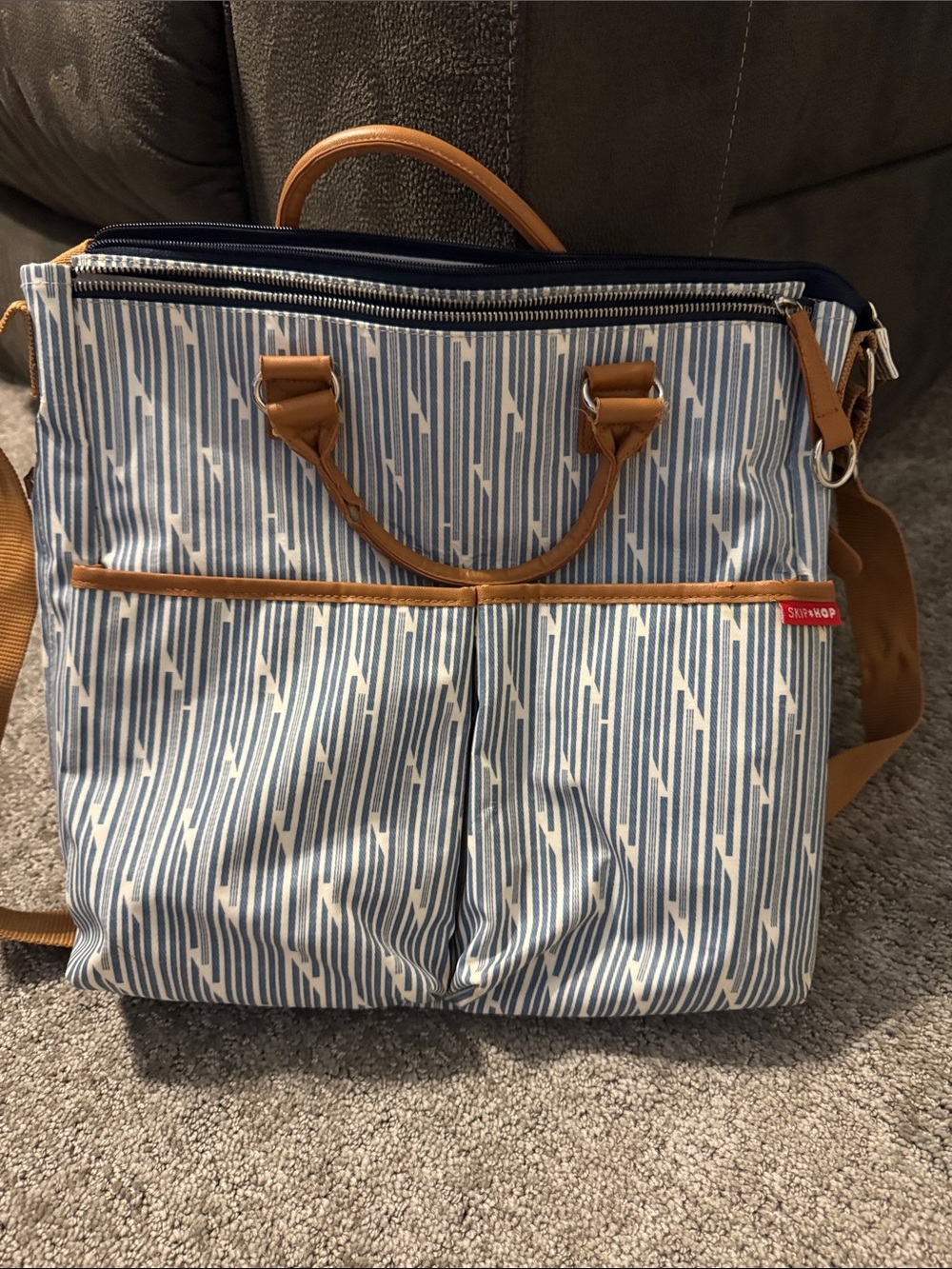 Skip Hop Blue & White Striped Messenger Tote with Tan Accents
